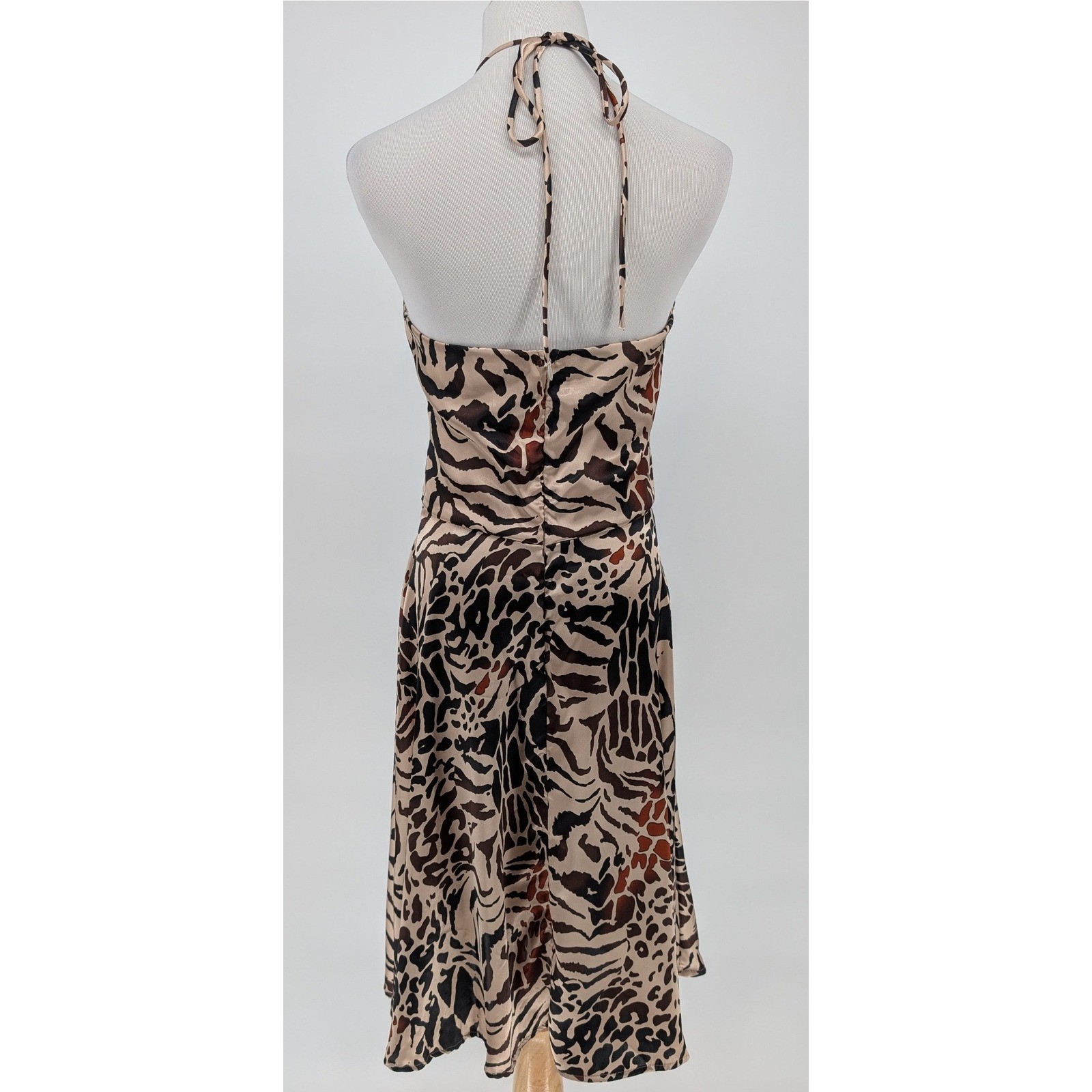 Charlotte Russe Animal Print Satin Babydoll Halter Dress M Brown Y2K Indie Glam