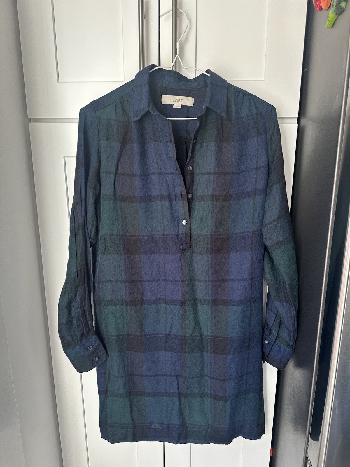 Loft Women’s Shift Dress Size Xs Black Watch Plaid Lightweight Lined 1/4 Button