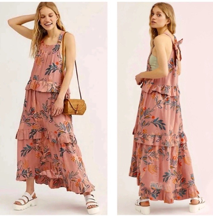 Free People Anita Desert Rose Combo Floral Ruffled Tiered Maxi Dress Size M NWT
