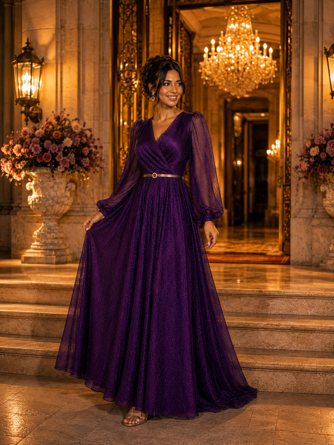 Purple Formal Evening Dress Long Sleeve Maxi Gown Wedding Guest Prom Party Dress