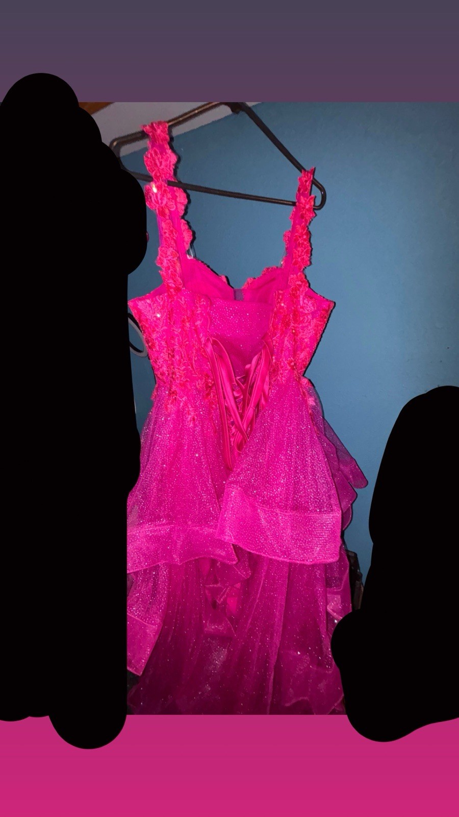 Pink/Fuchsia Lace Sequin Glitter Lace Up Long Gown, Size 14