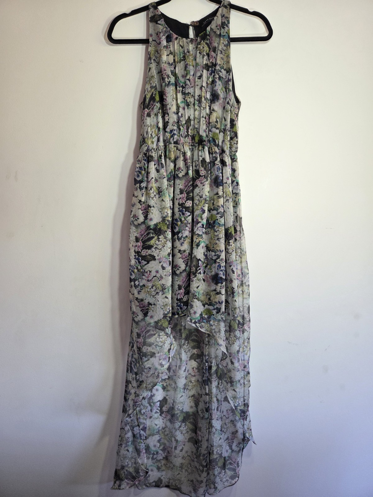 ZARA Size L Multicoloured Floral Sheer Fit & Flare Pleated Hi-Low Maxi Dress