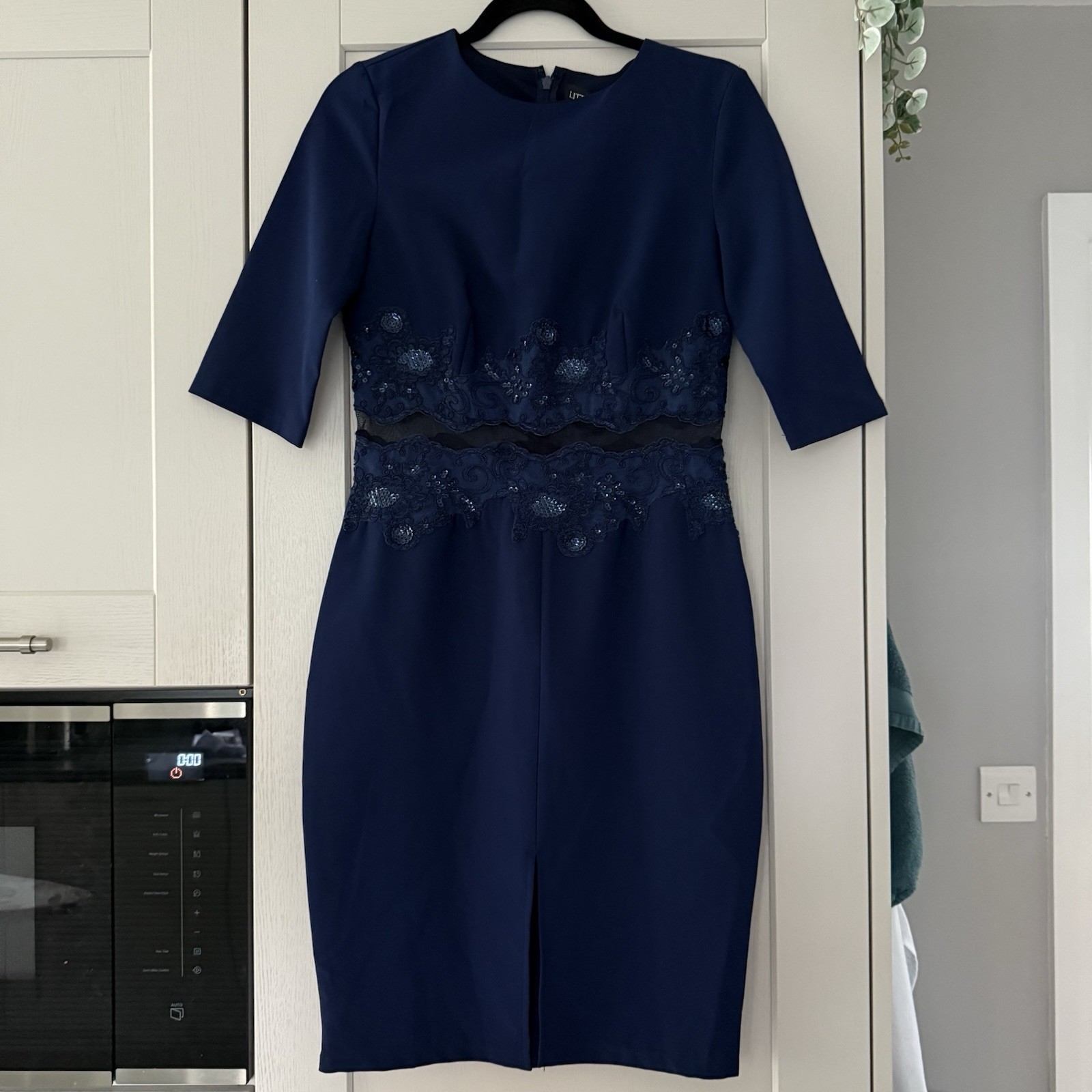 Little Mistress Navy Pencil Dress UK10 BNWT Knee Length Embroidery Sequins