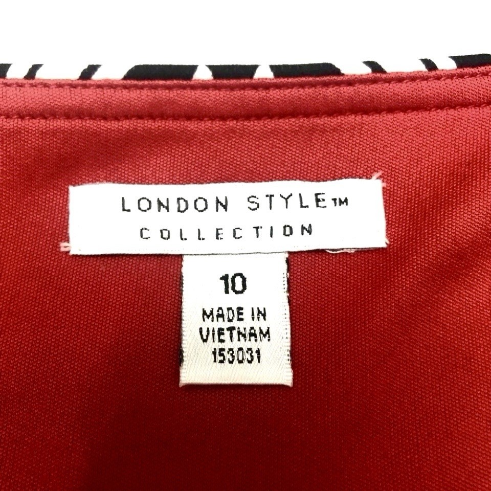 London Style Dress Black White Red Leaves Print Side/Zip Boat Neckline Sz 10