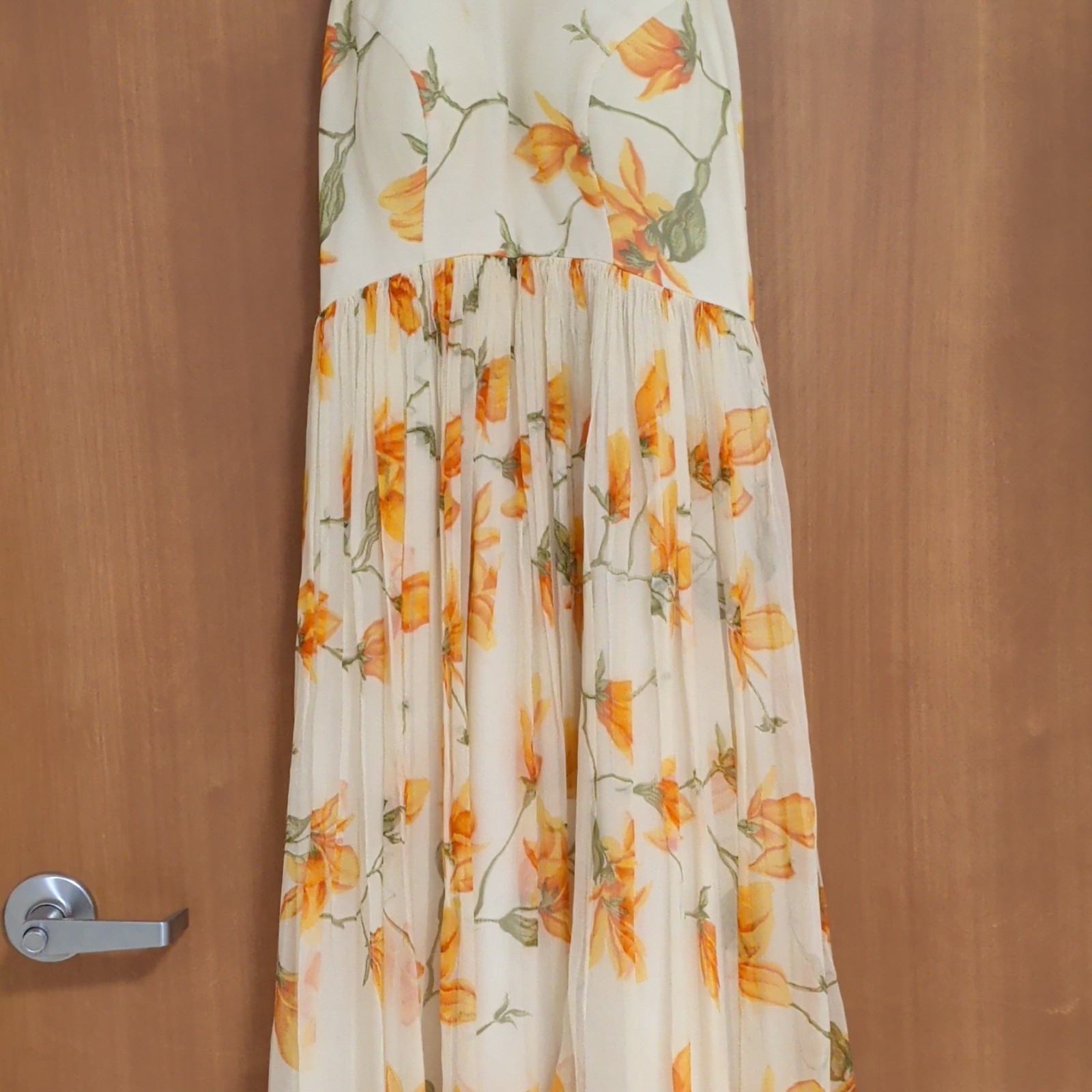 Women’s White Orange Green Floral Maxi Dress Long Length Pleated Skirt