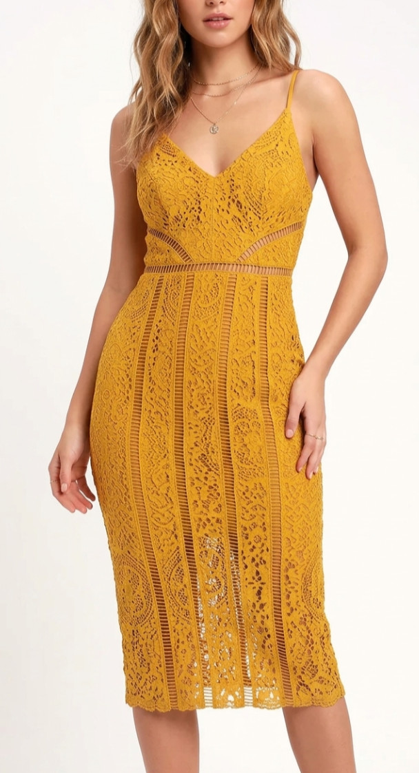 ASOS Mustard Yellow Lace Midi Dress Crochet Cut out V Neck Spaghetti Strap Party