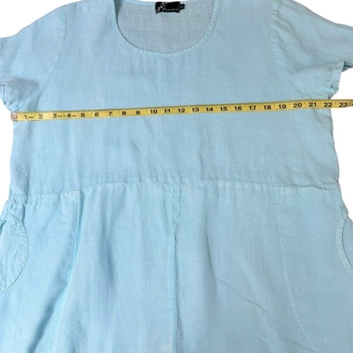 Fenini Tunic Dress Womens L Aqua Blue Linen Short Sleeve Empire Waist Lagenlook