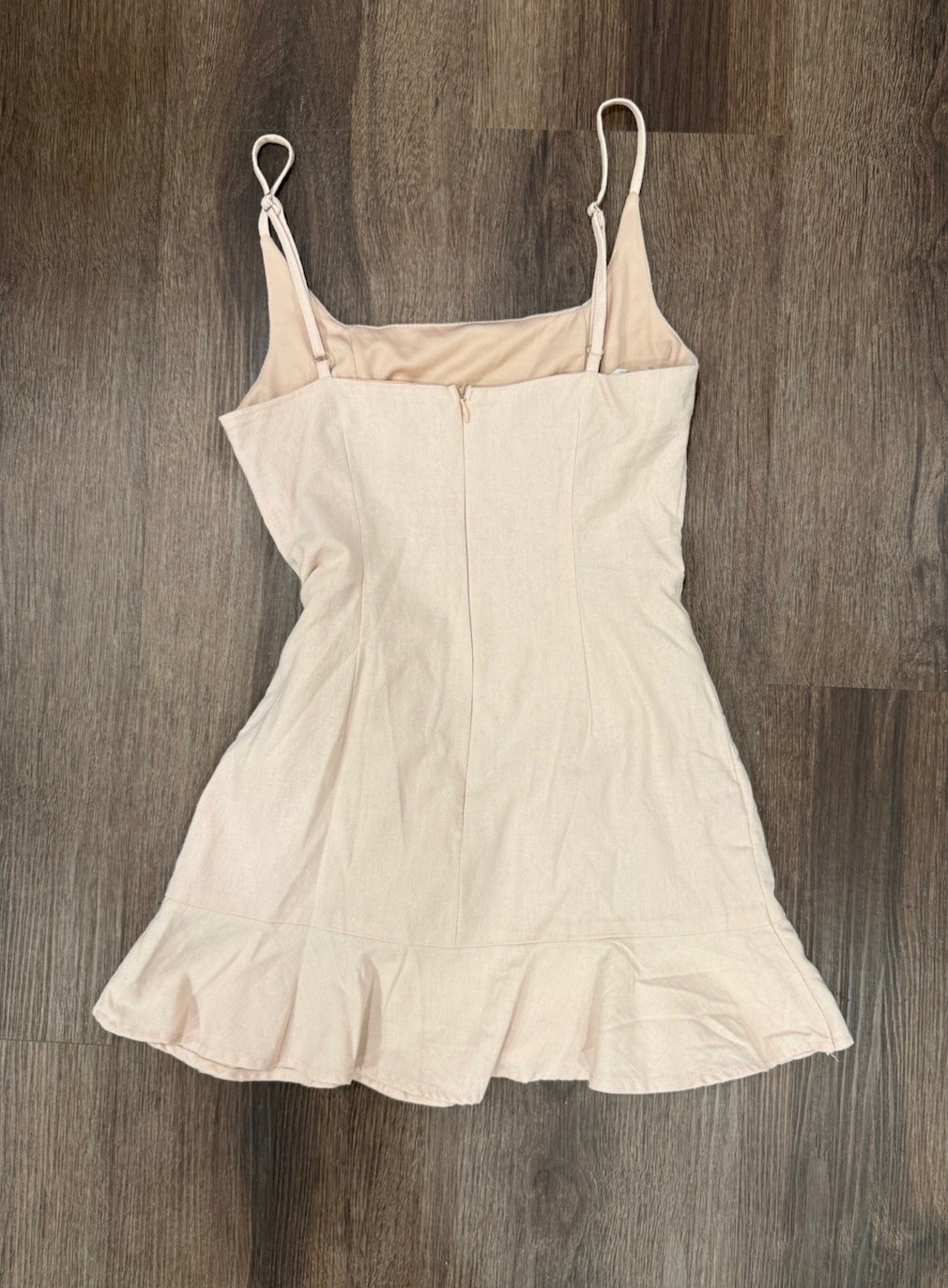 Princess Polly Beige Square Neck Strappy Mini Dress Tie Waist Ruffle Hem Zip, 4