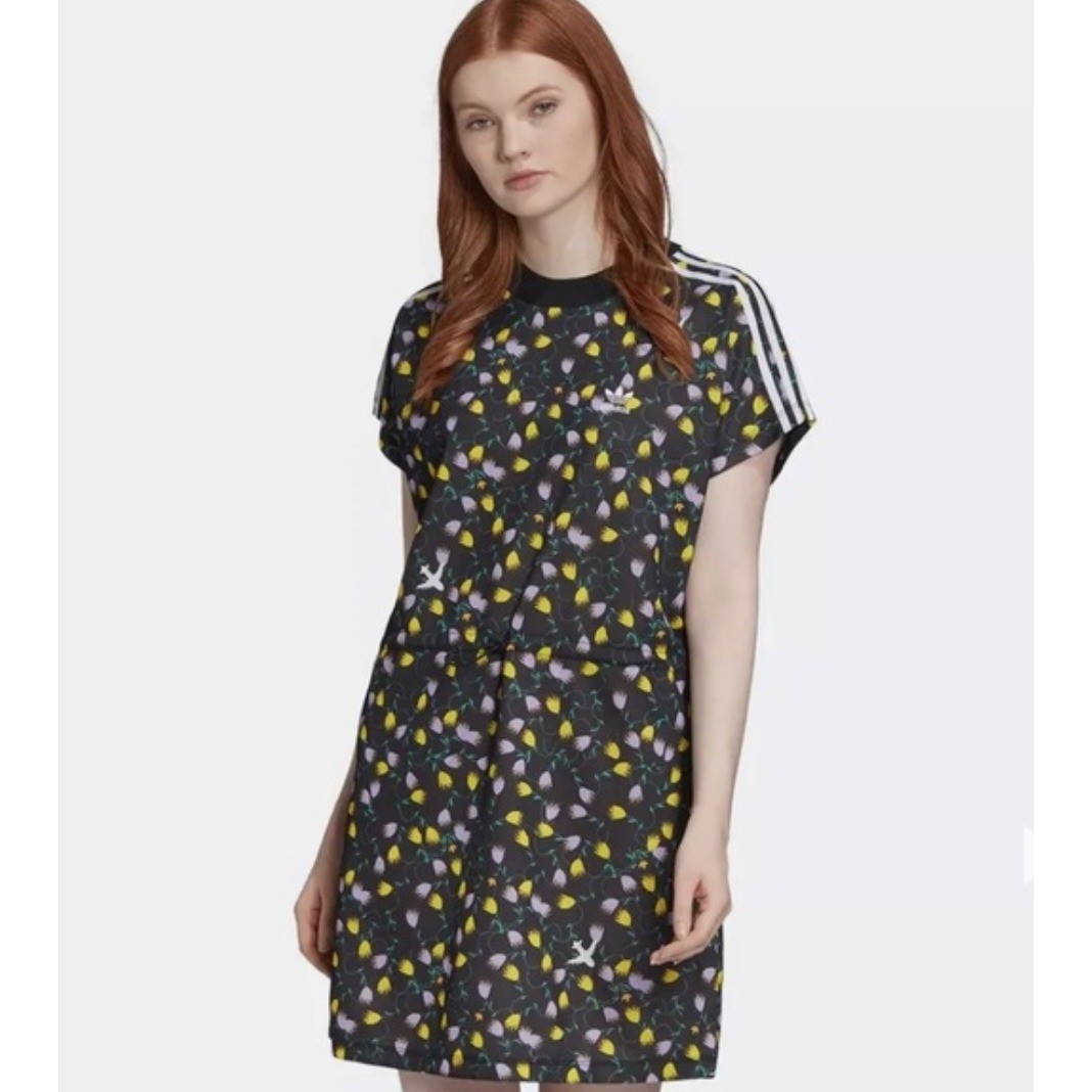 Adidas All Over Print Sporty Dress MED Tulips Airplanes Stripes Logo Cinch Waist