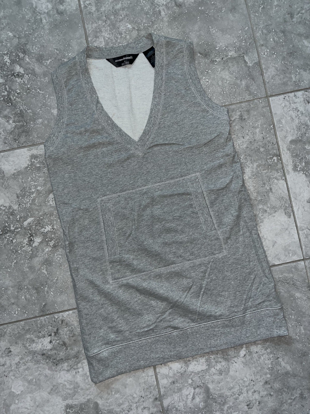 Norma Kamali Cotton Blend Sleeveless V Neck Sweatshirt Tunic Mini Dress Gray L