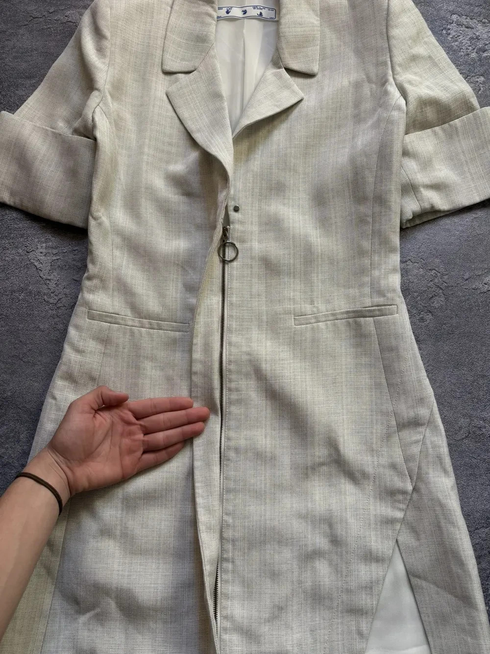Rare OFF-WHITE Luxury Embroidered Big Logo Zip Up Blazer Dress Size 40