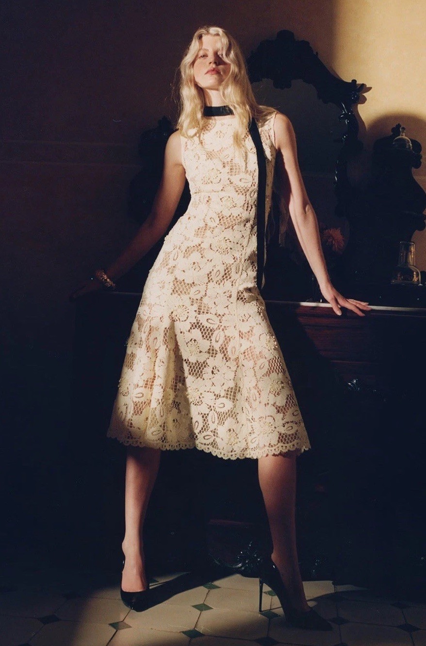 Self Portrait YELLOW CROCHET LACE MIDI DRESS