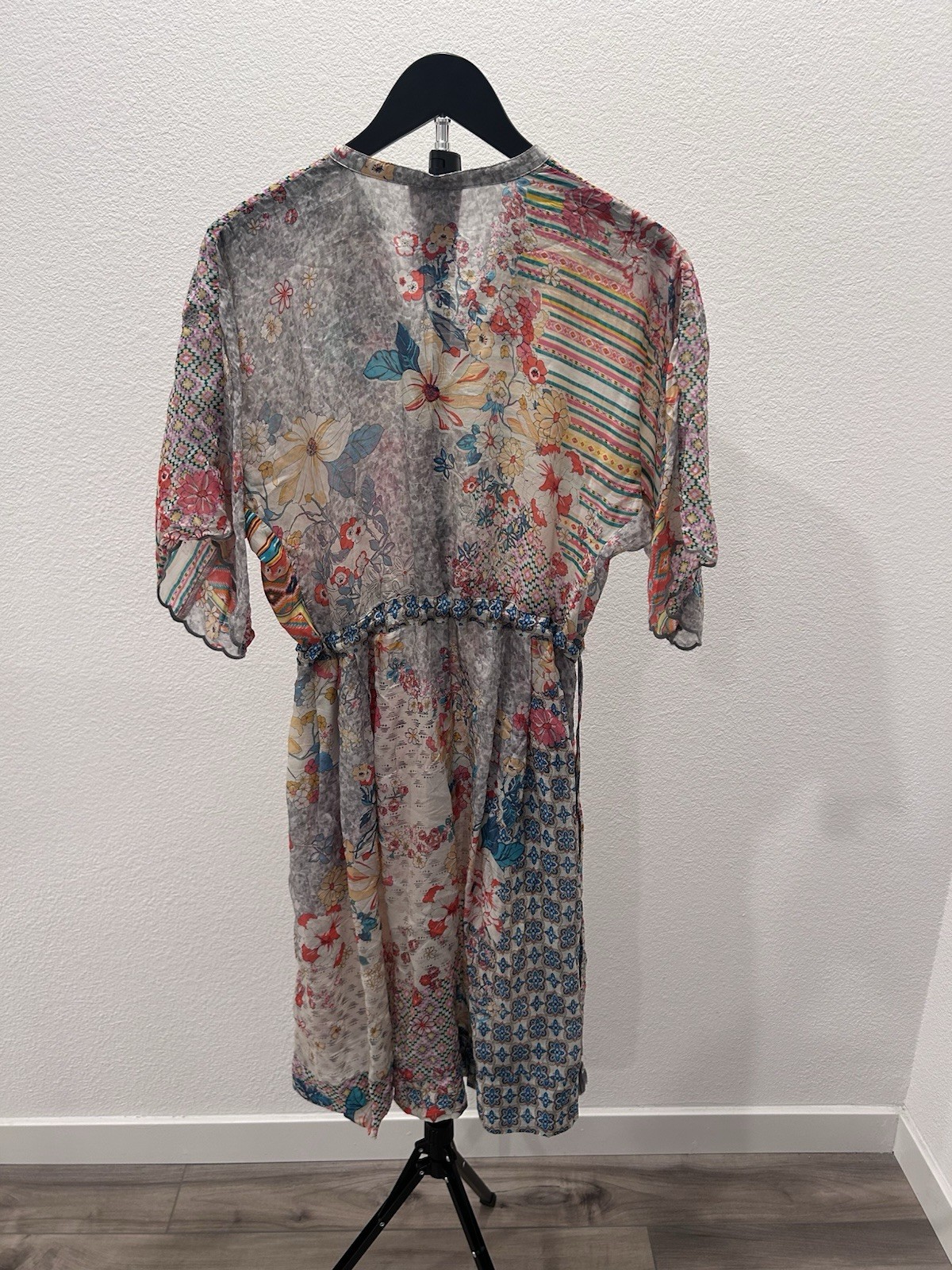Johnny Was Patchwork Floral Silk Blend Dress Size S Boho Eyelet Detail
