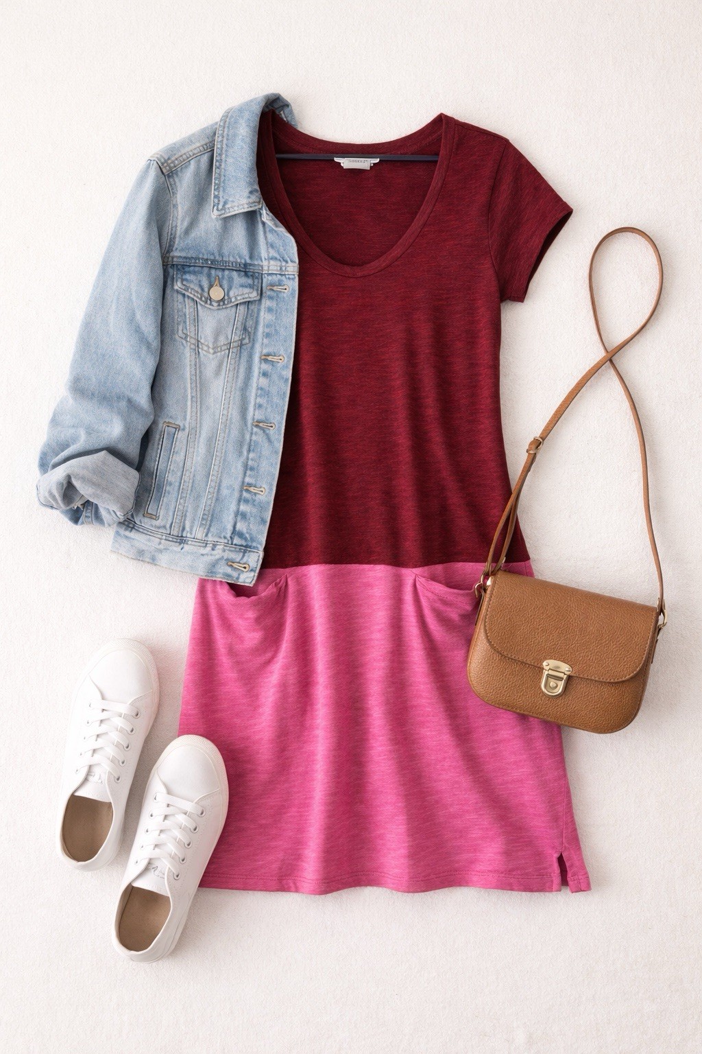 Lands’ End Canvas Dress Colorblock Pink Burgundy Short Sleeve Size S
