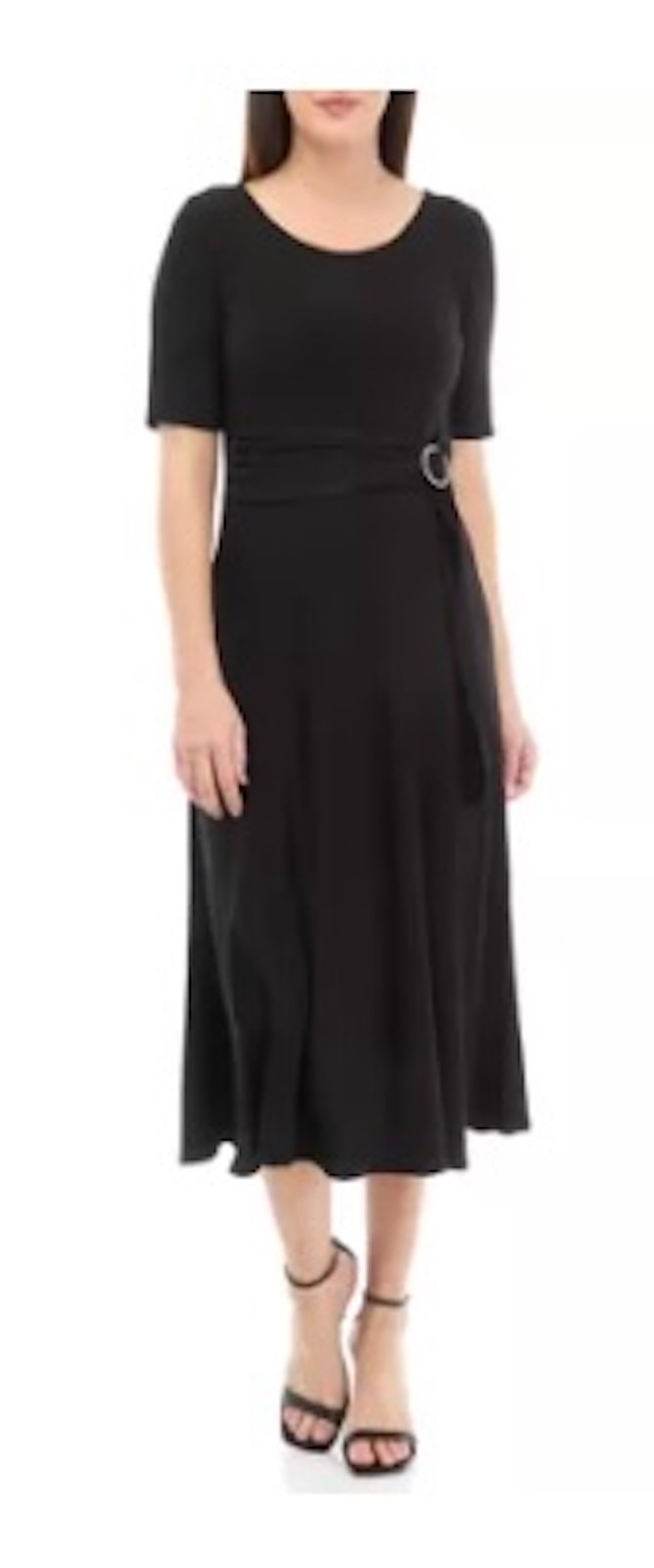 Perceptions Women’s Short Sleeve Side Rhinestone Buckle Solid Midi Dress