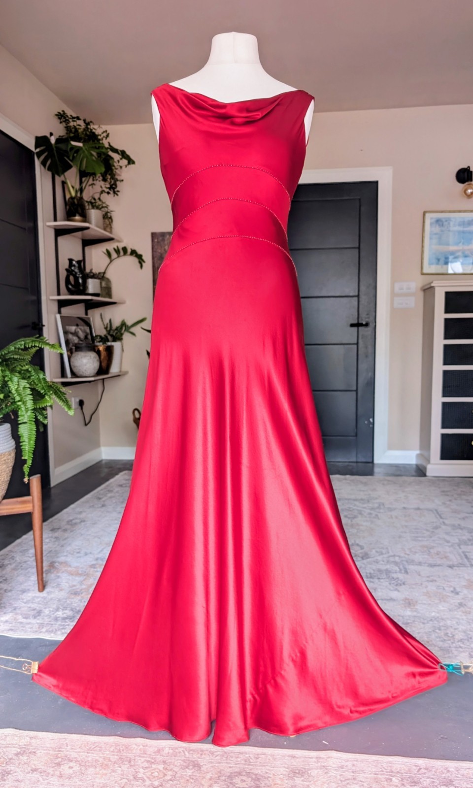 Vintage Y2K Monsoon 100% Silk Red Maxi Dress UK 12 Beaded Cowl Neck Evening Gown