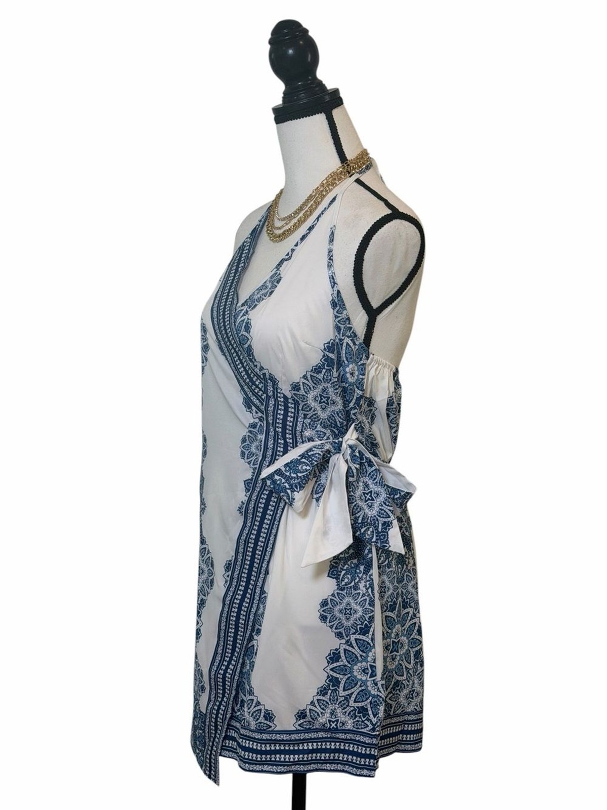 Source Unknown White & Blue Halter Wrap Mini Dress