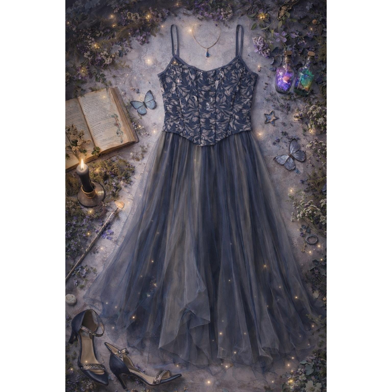 Vtg Jessica McClintock Navy Lace Corset Tulle Evening Gown 6 Whimsigoth Fairy