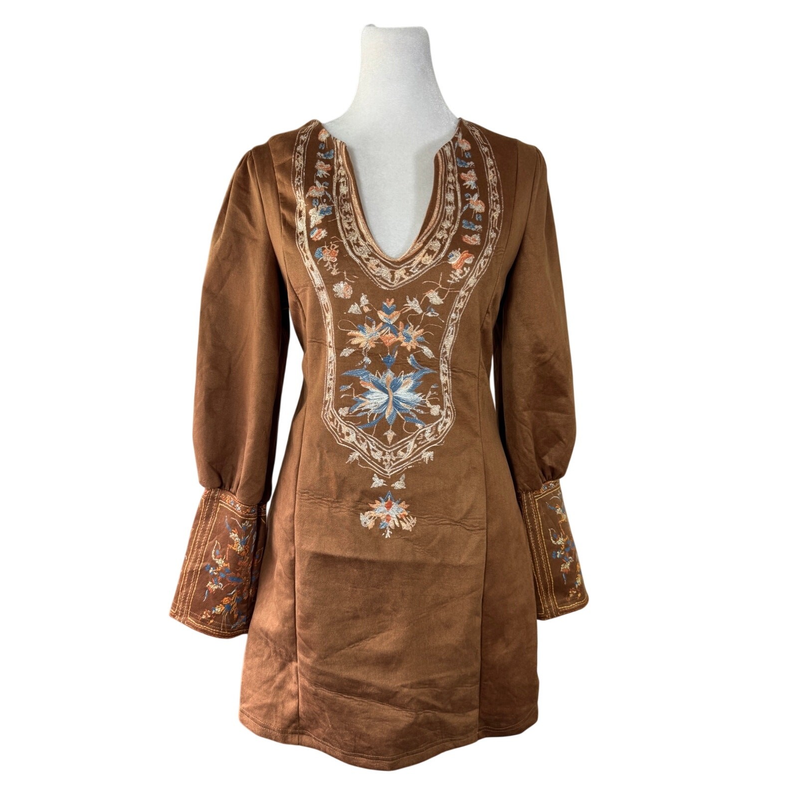 Brown Floral Print V-Neck Long Sleeve Bodycon Mini Dress