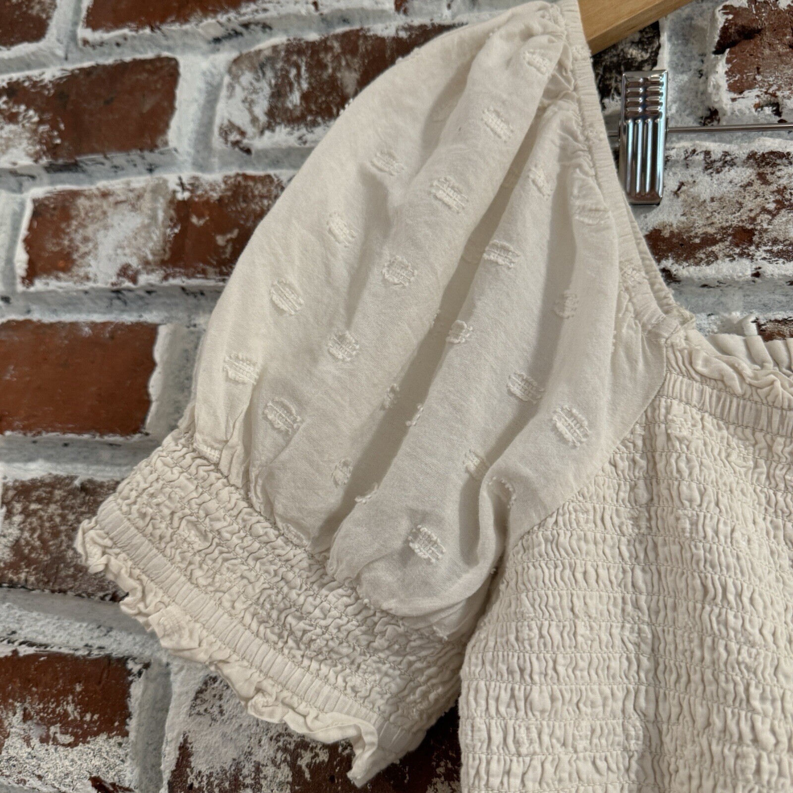 American Eagle White Smocked Eyelet Mini Dress Puff Sleeve Cotton Cream Medium
