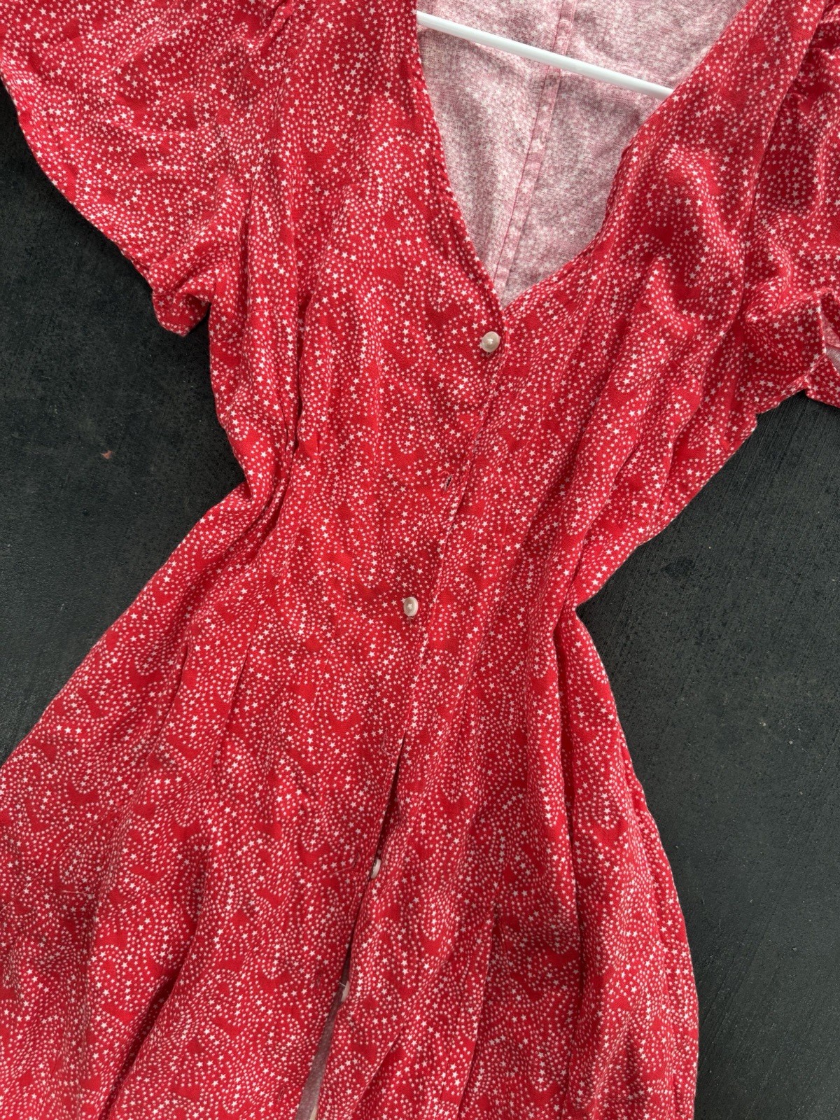 Red White Paisley V-Neck Flutter Short Sleeve Button Front Mini Dress M