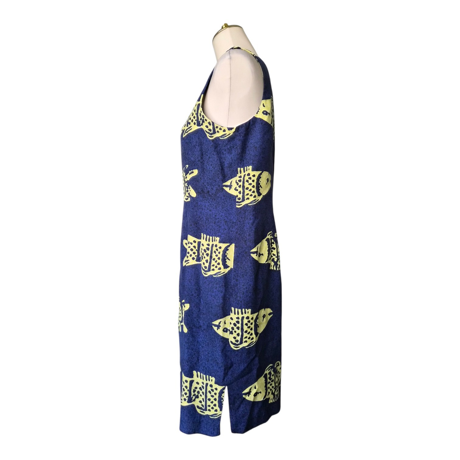 R B Sport Silk Fish Print Dress Blue Yellow Coastal Grandma Sz 10