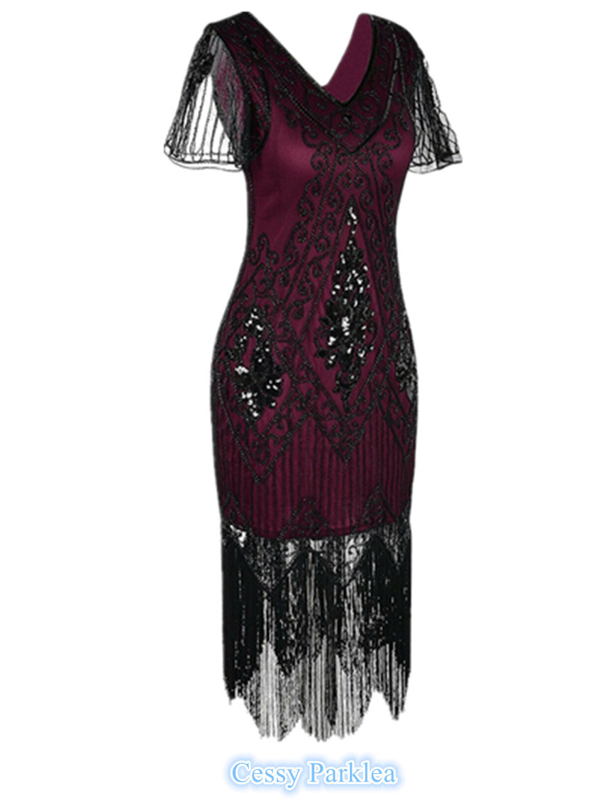 Deluxe Ladies 1920s Roaring 20s Flapper Gatsby Costume Sequins Black Burgundy