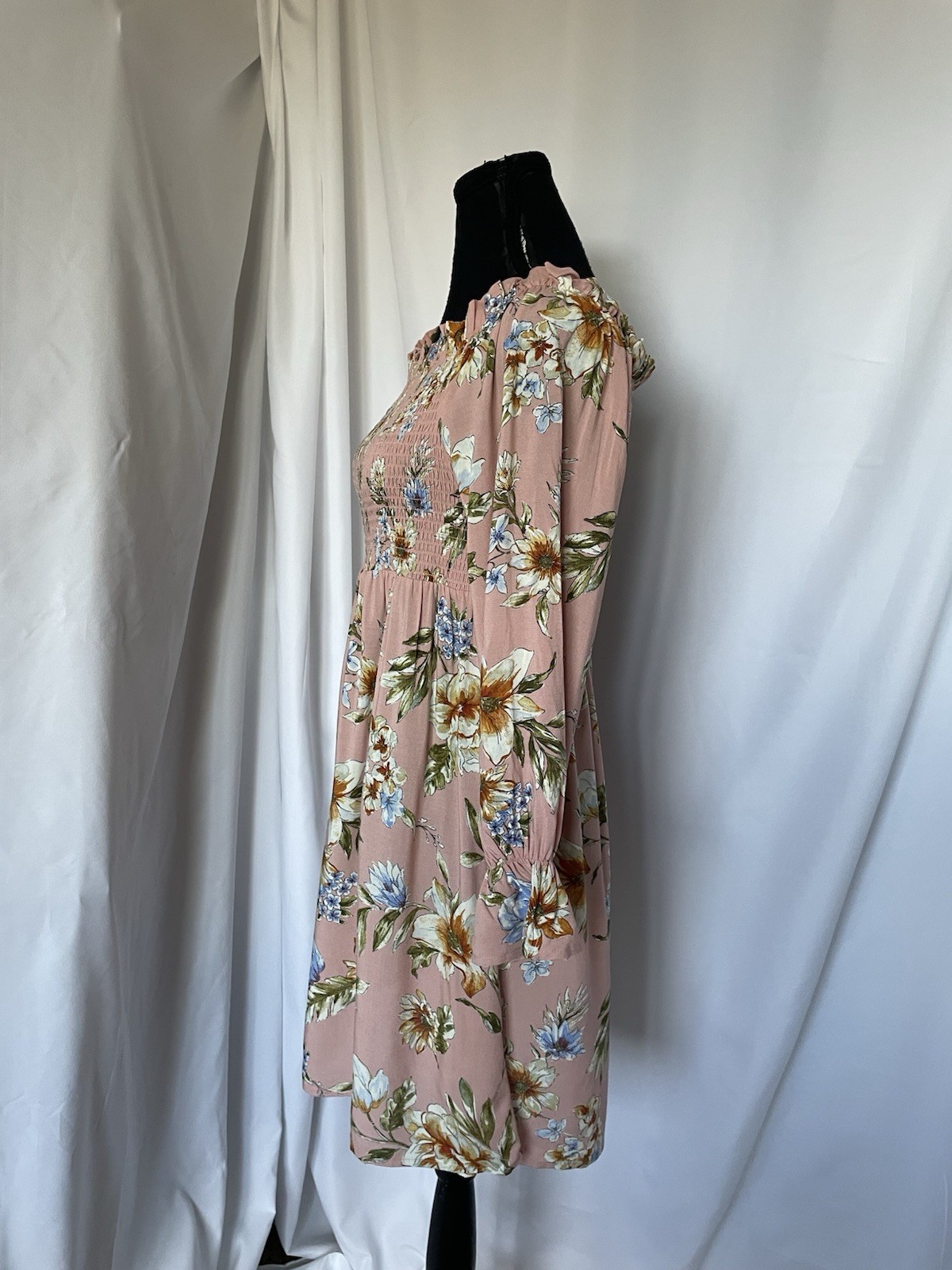 NWT Pink Garden Floral Smocked Sz L Dress Square Neck Long Bell Sleeve Country