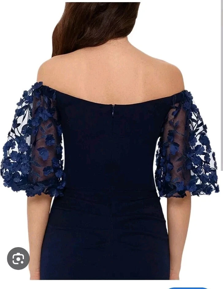 XSCAPE Mermaid Dress Size 16W Navy 3D Floral Sleeve Off The Shoulder