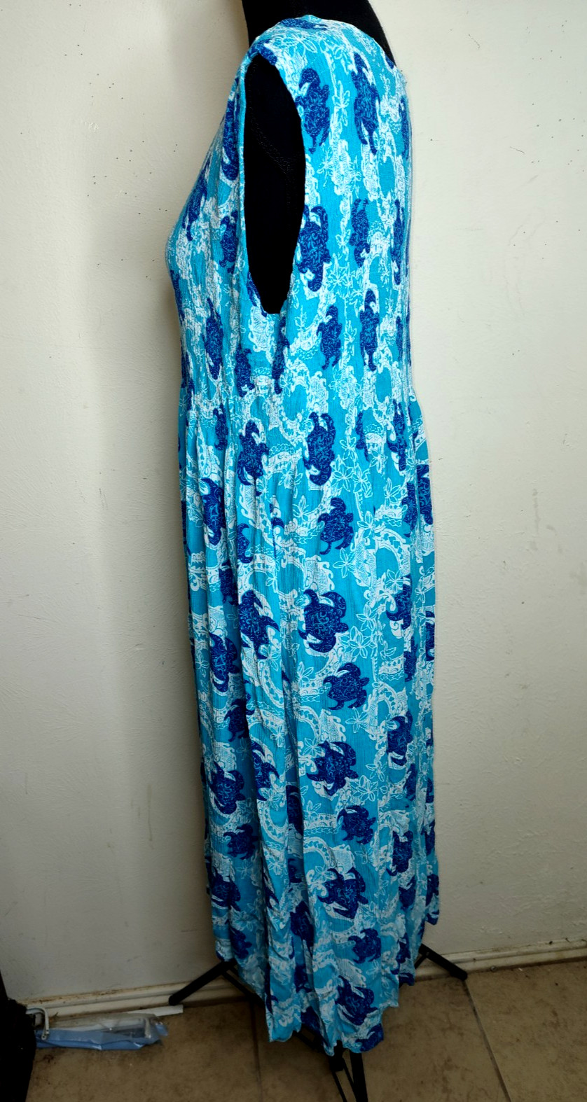 Kaktus Blue White Sea Turtle Madi Dress Size Large Gather High Waist Sleeveless
