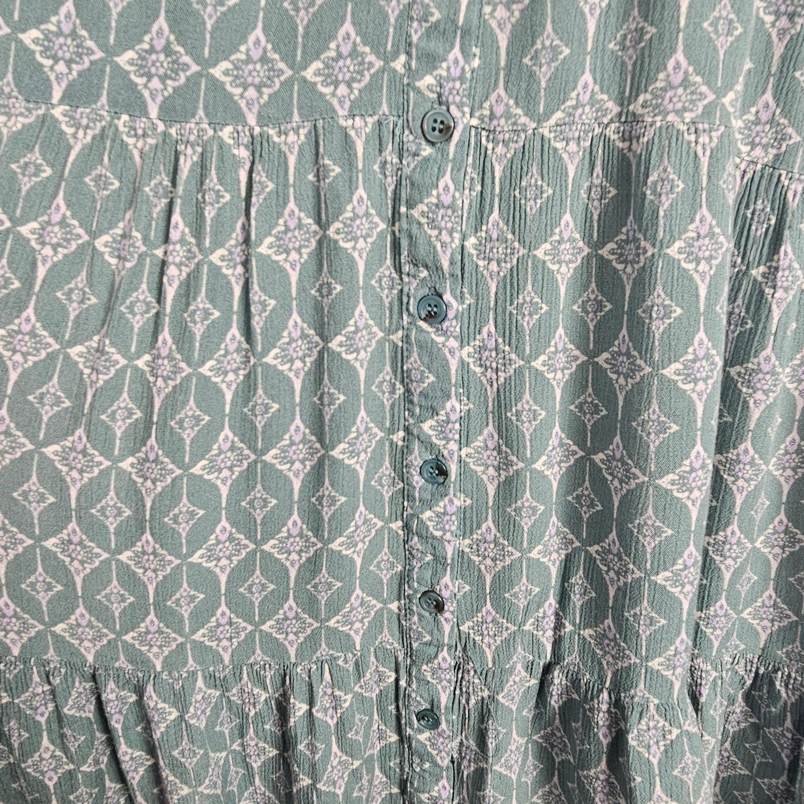 Lucky Brand Green Medallion Tiered Button Front Mini Dress Flutter Sleeve Medium