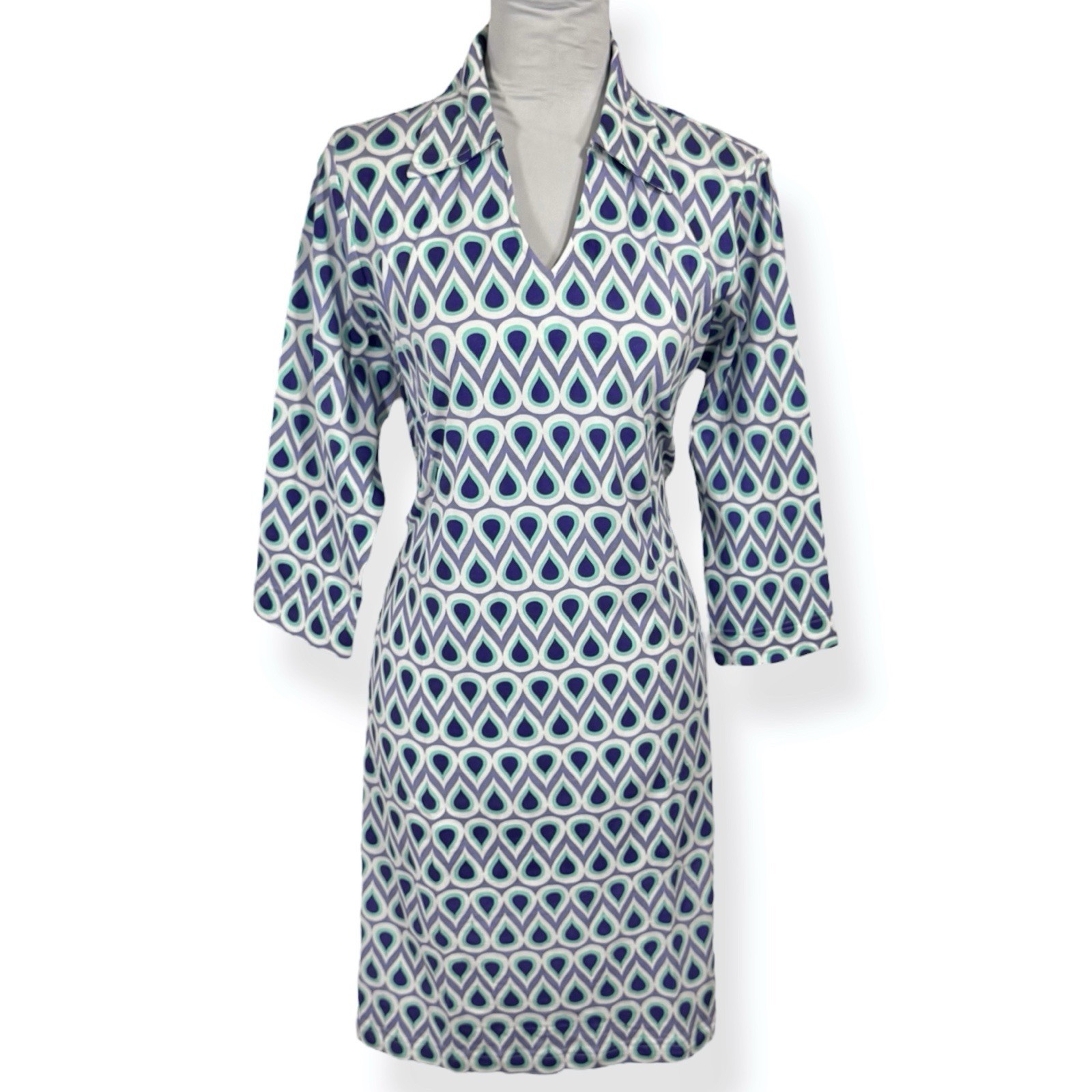 NWT Malabar Bay Knit Mod Shift Dress Teardrop Print Collared Size L Fitted Retro