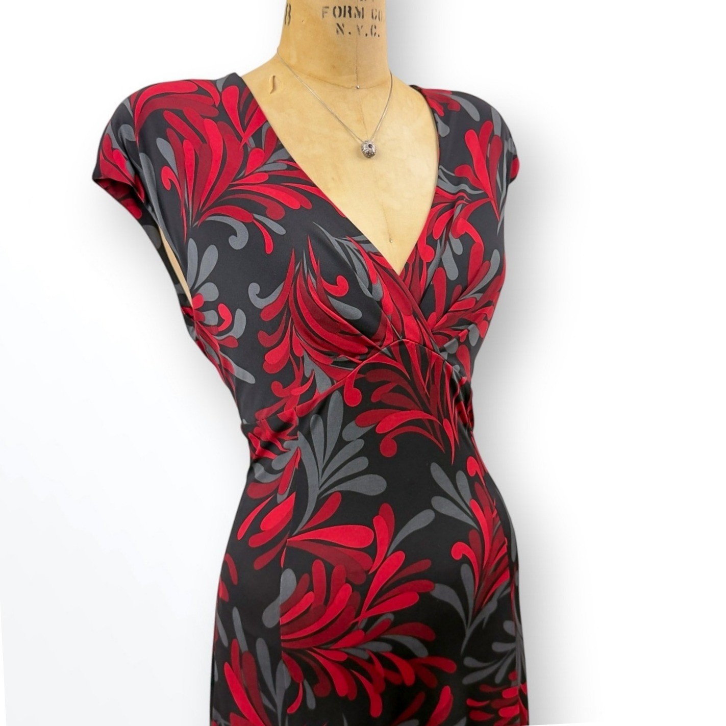 90s Abstract Midi Dress Surplice Neck Shoulder Pads Dark Romantic Maximalist M L
