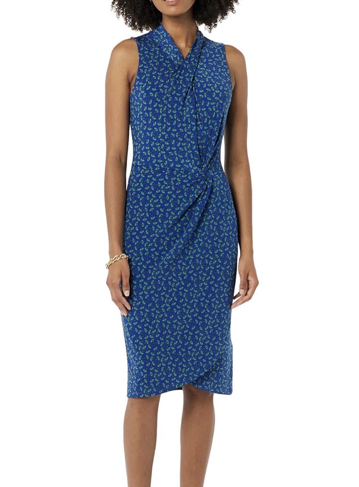 Amazon Essentials Floral Twist Front Sleeveless Sheath Dress Blue Green V-Neck M