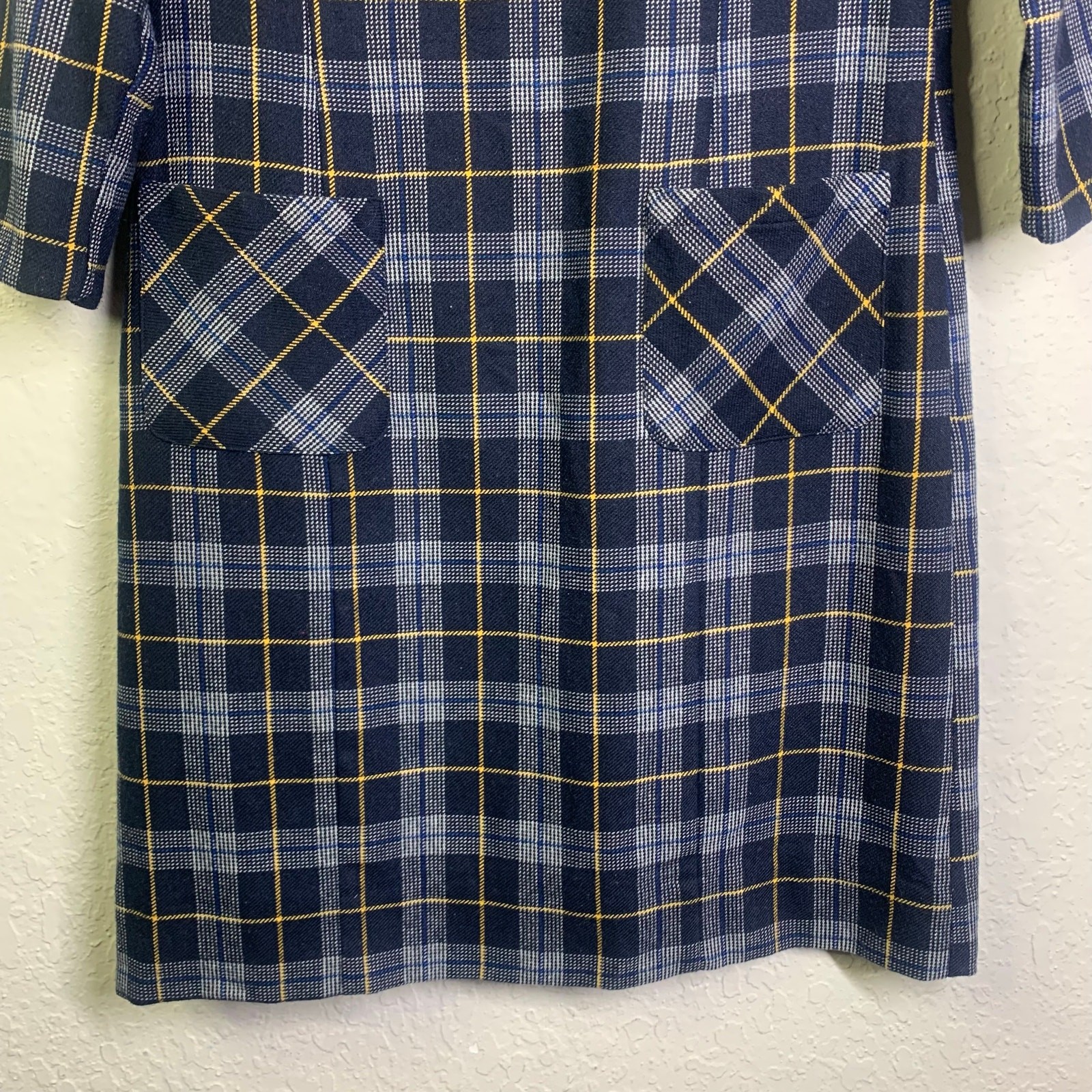 LAURA ASHLEY Dress 8 Shift Plaid Navy Checked Wool Front Pockets Keyhole Closure