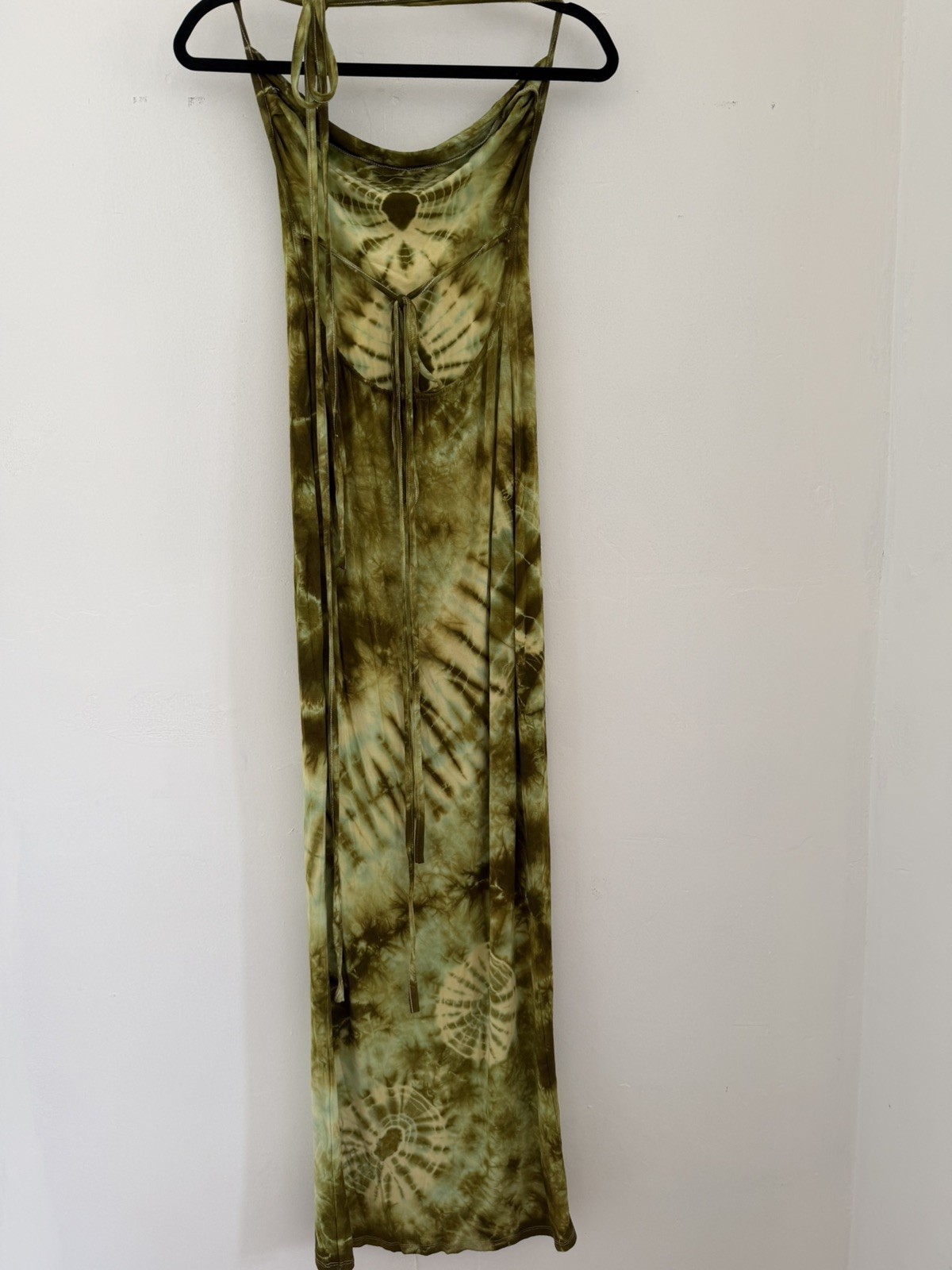 Green Scoop Neck Strappy Sleeve Stretch Backless Maxi Dress Size M Boho Tie Dye