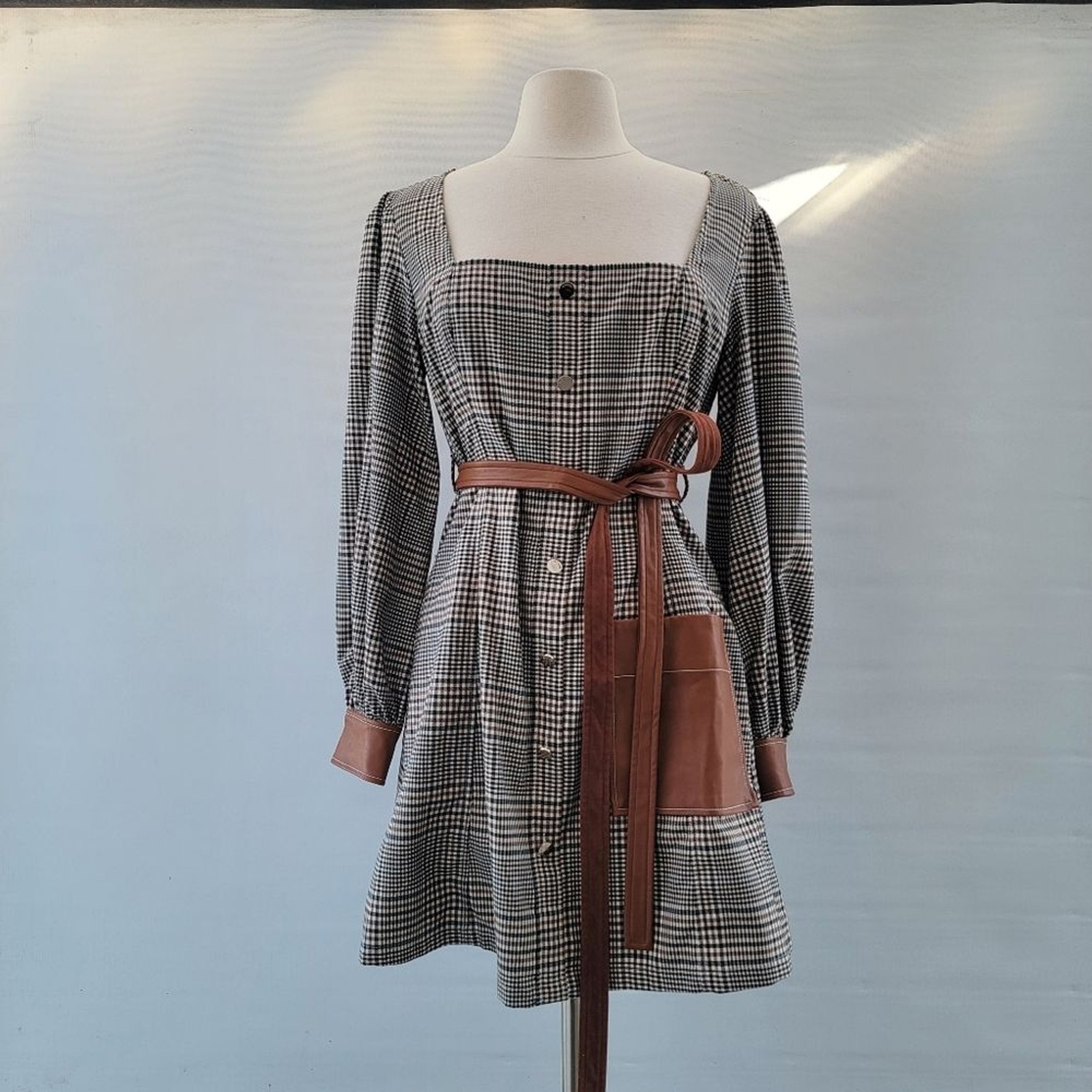 STAUD Plaid Mini Dress Size 8 Glen Check Gray Brown Faux Leather Minimalist Boho