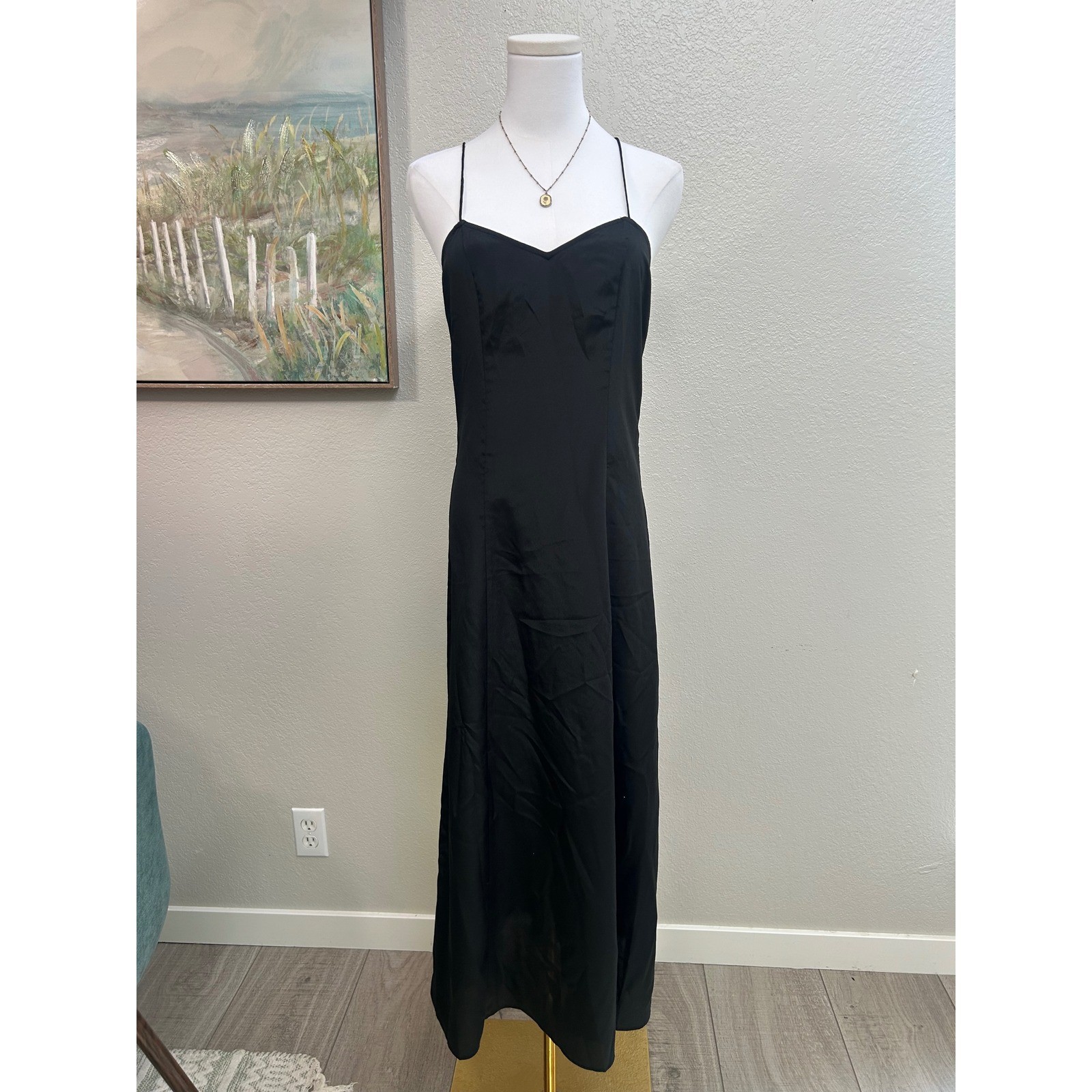 A|X Armani Exchange Black Satin Maxi Slip Dress Open Back Size 4 Minimalist