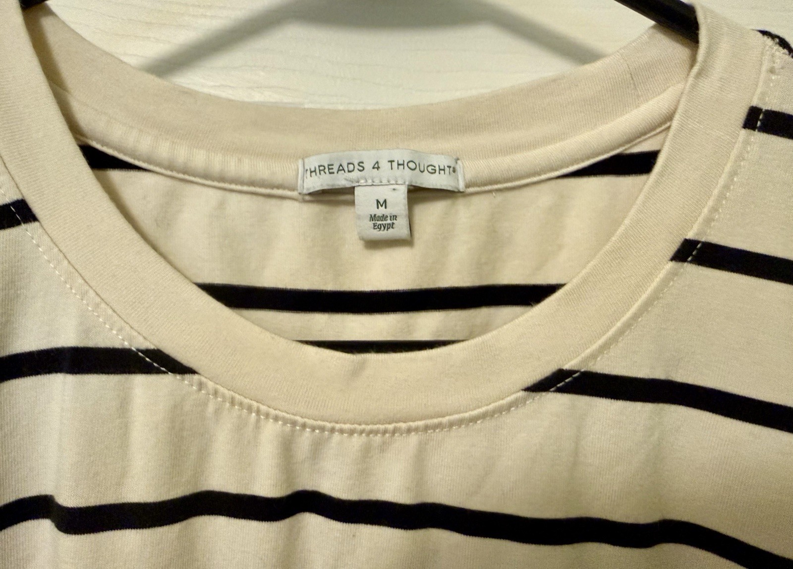 Threads 4 Thought T-Shirt Dress Striped Beige Black Tie Waist Crew Neck M