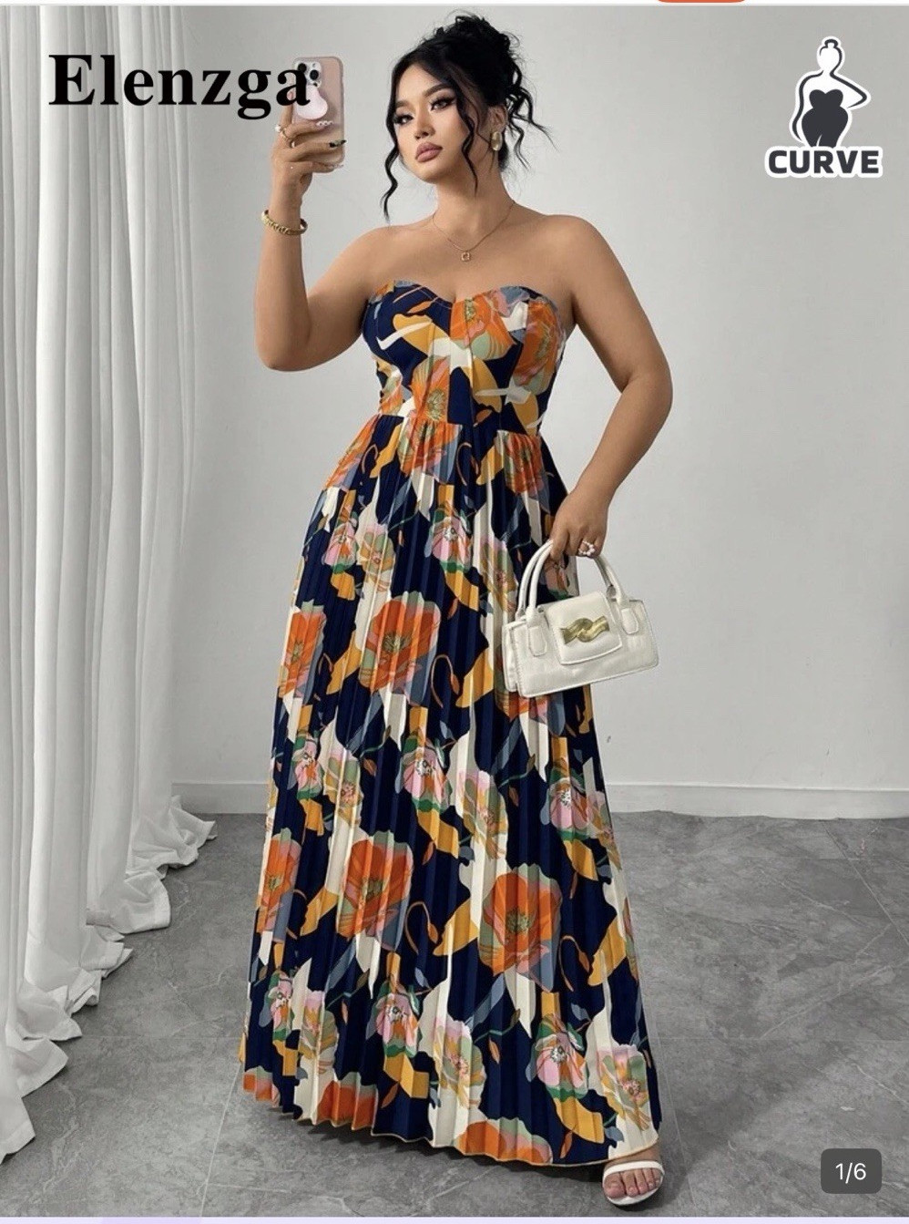 Elenzga Curve Plus Strapless Pleated Floral Multicolor Maxi Long Dress SHEIN 3x