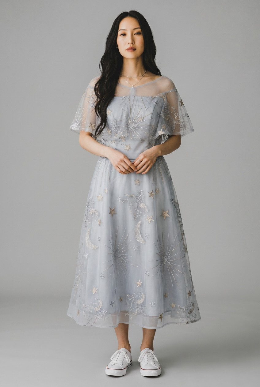 Celestial Pegasus Star Moon Embroidered Tulle Party Dress Gray M NWT