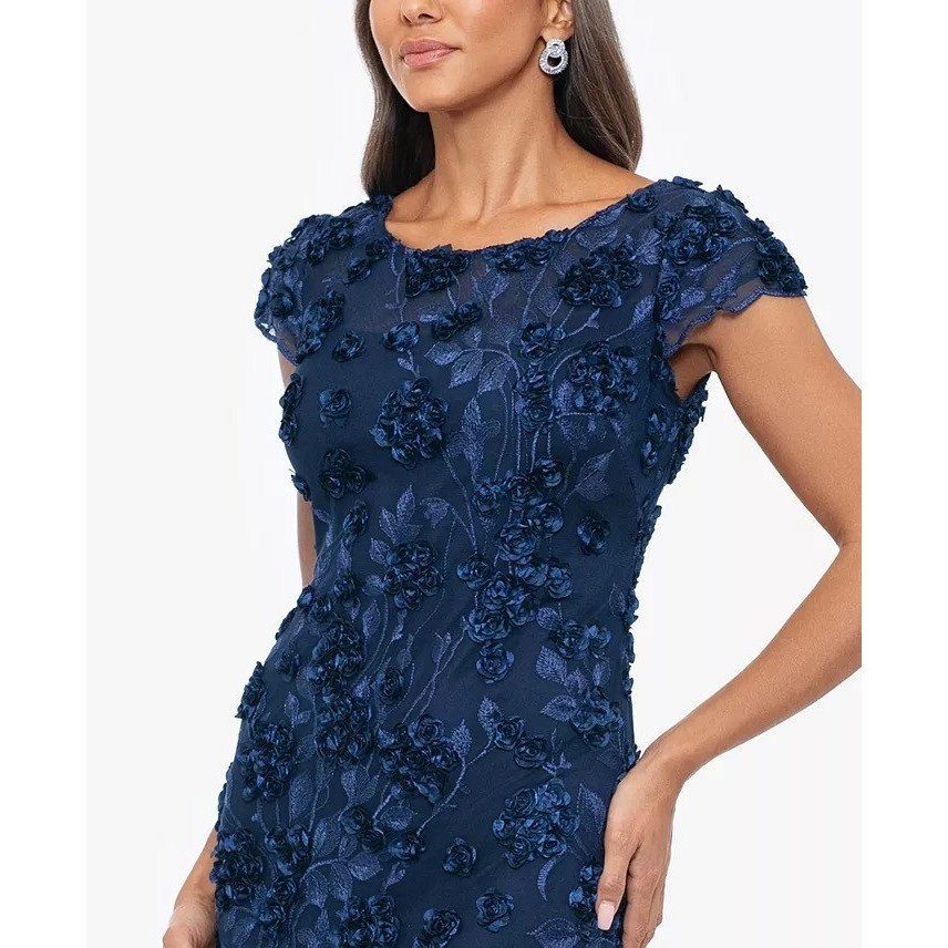 XSCAPE Navy Blue Lace Floral Cap Sleeve V Neck Sheath Dress Size 4