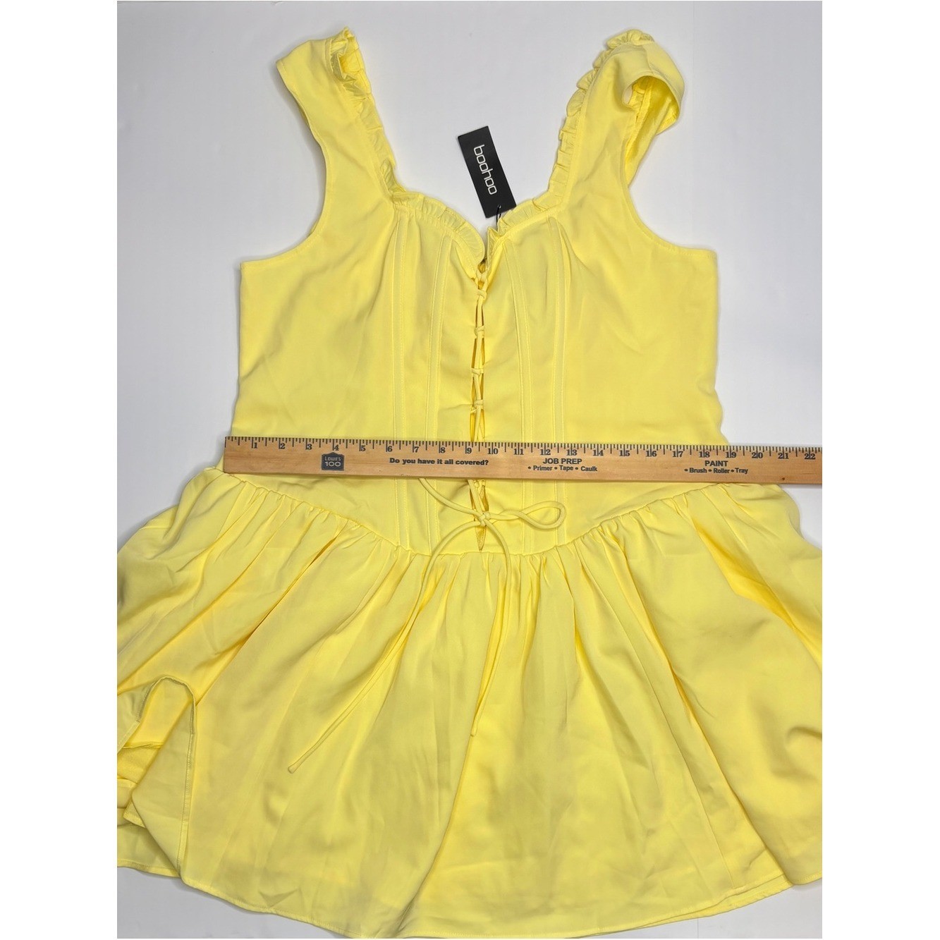 Boohoo Lemon Yellow Tie Detail Milkmaid Mini Dress NWT Women’s Size 14 Resort