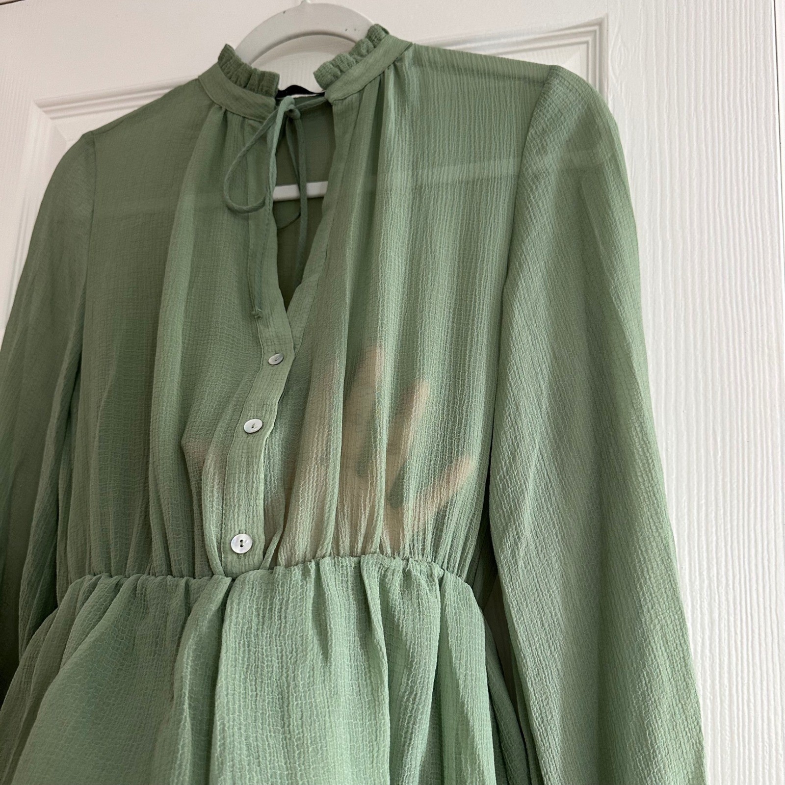 Zara Green Sheer Ruffle Long Sleeve Mini Short Dress V-Neck Women’s XS