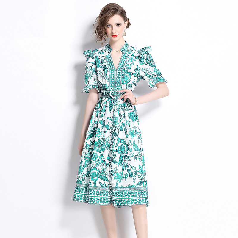 Vintage Baroque Floral Print V Neck Short Sleeve Women Casual Party Midi Dresses