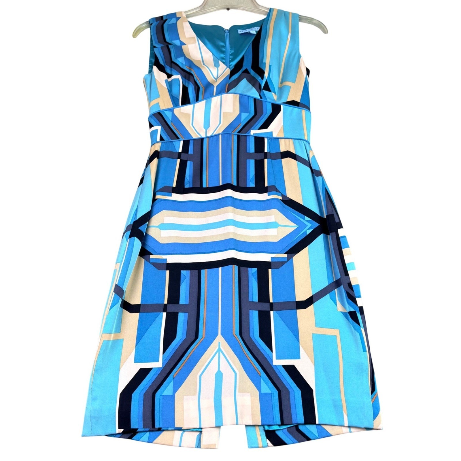Antonio Melani 0 Blue Geometric Silk Sheath Dress V-Neck Sleeveless Luxe Retro