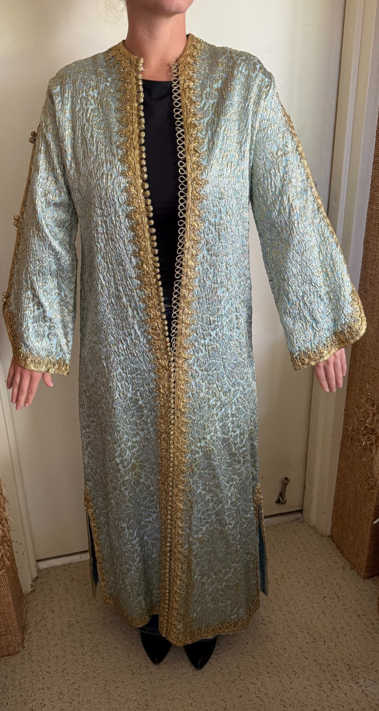 Vintage Handmade Blue Gold Brocade Caftan Metallic Trim Ceremonial Robe Artisan