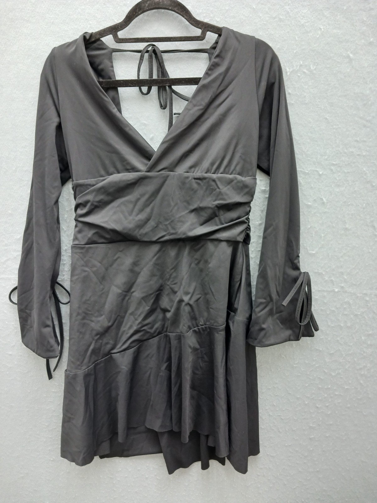 Women Dress Black Long Sleeve V-Neck Wrap Style Ruched Waist Tie Cuffs Mini