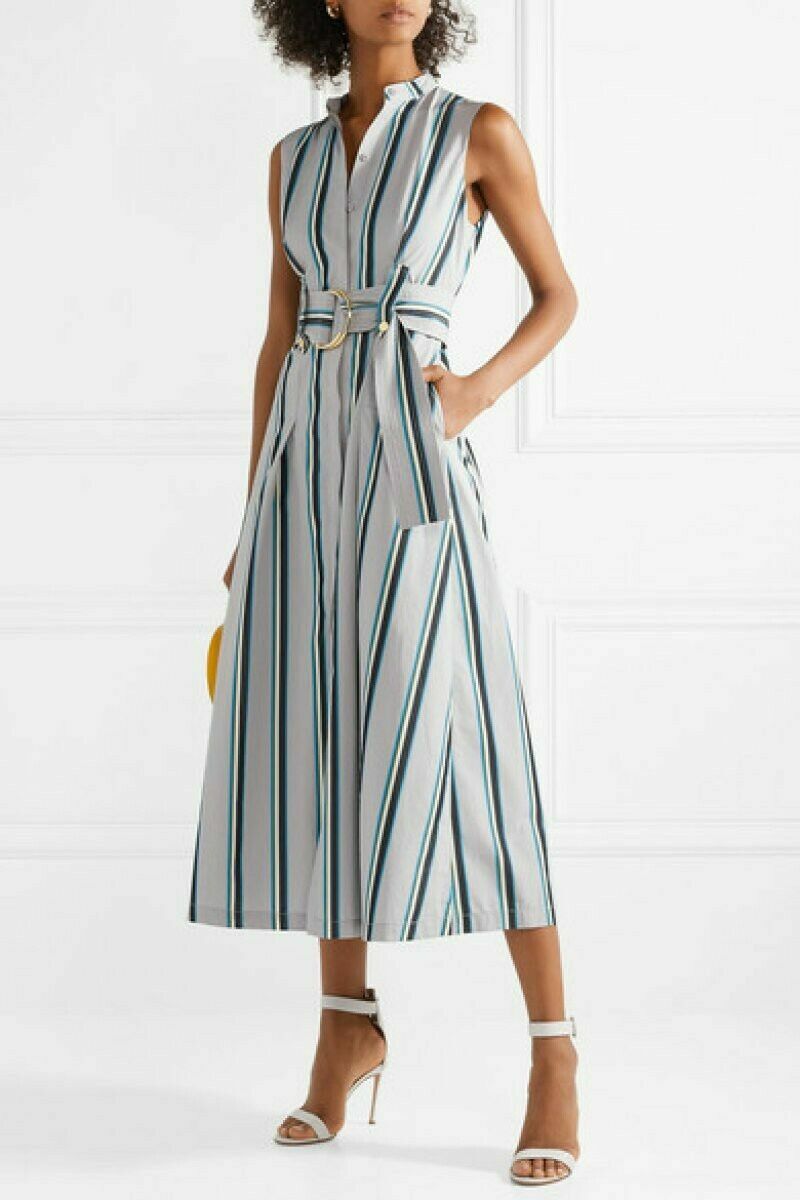 (NO BELT) DIANE Von FURSTENBERG DVF Grey Striped Mandarin Collar Maxi Dress 0 XS