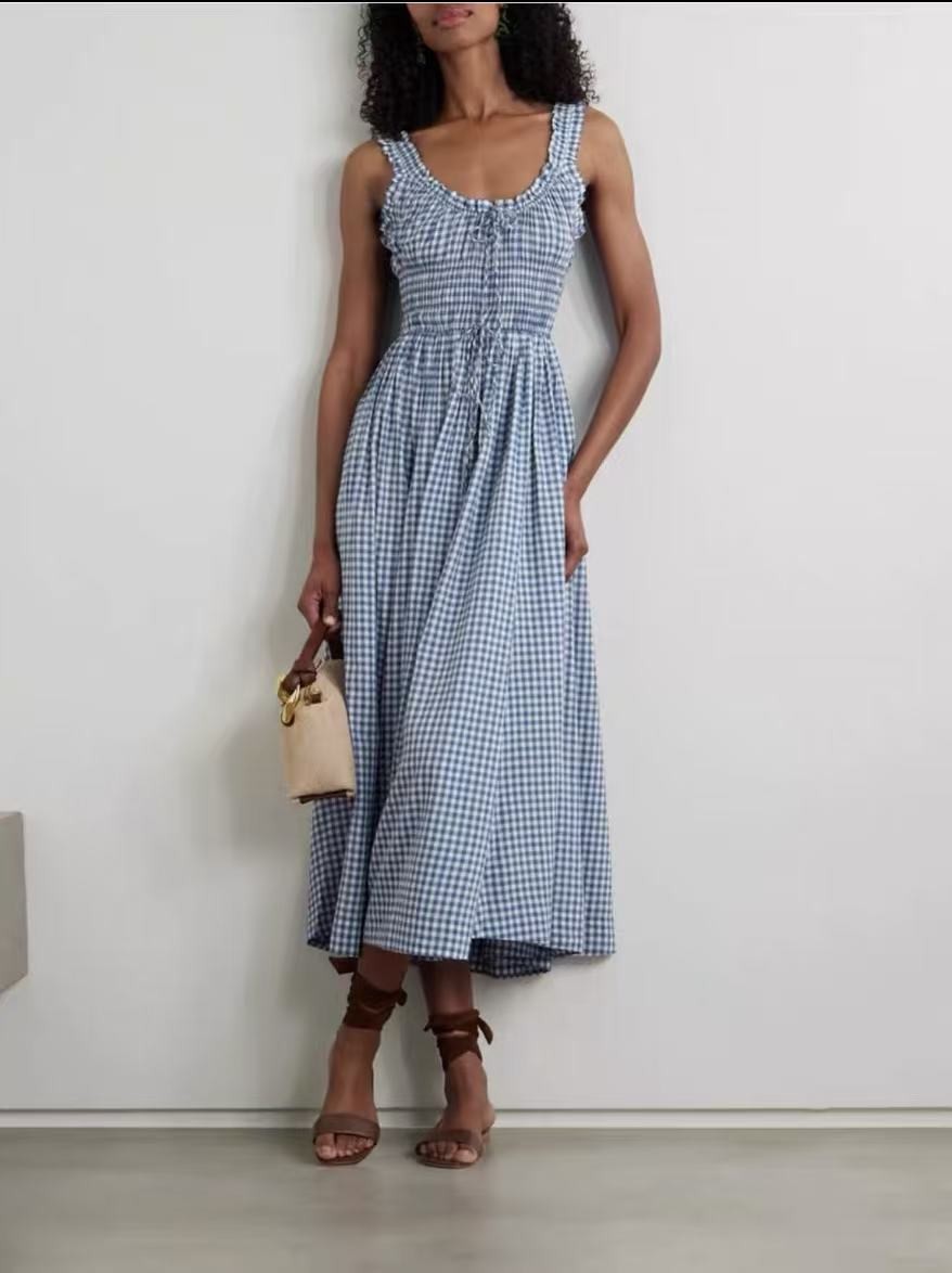 DOEN 25 Spring/Summer checkered printed cinched waist lace-up vest dress